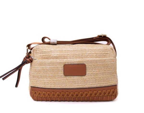 Sac bandoulière ” Parrot King ” effet arrondi à 3 compartiments en tissus avec bande décorative – couleur paille / Finitions marron – Image 3