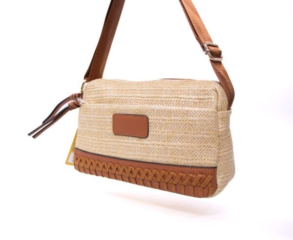 Sac bandoulière ” Parrot King ” effet arrondi à 3 compartiments en tissus avec bande décorative – couleur paille / Finitions marron – Image 2