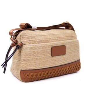 Sac bandoulière ” Parrot King ” effet arrondi à 3 compartiments en tissus avec bande décorative – couleur paille / Finitions marron