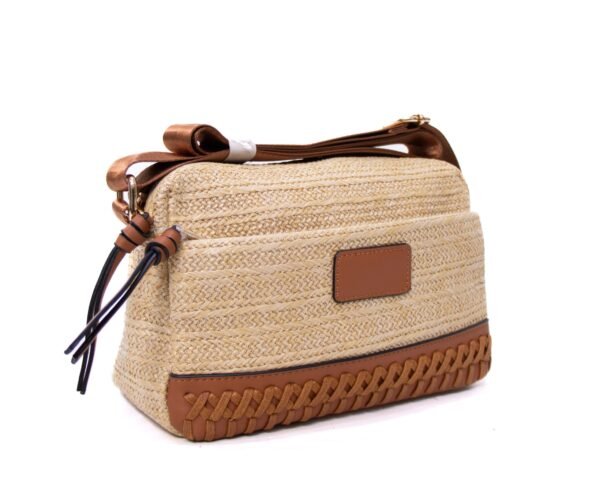 Sac bandoulière ” Parrot King ” effet arrondi à 3 compartiments en tissus avec bande décorative – couleur paille / Finitions marron