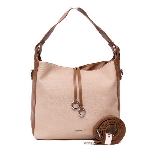 Grand sac bandoulière" BAGCO " en tissus finitions cuir - Beige / Finitions Marron – Image 4