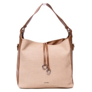Grand sac bandoulière" BAGCO " en tissus finitions cuir - Beige / Finitions Marron