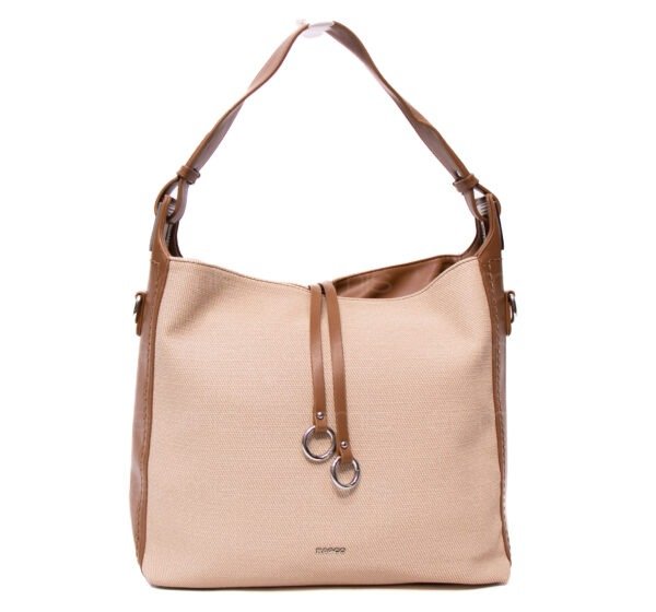 Grand sac bandoulière" BAGCO " en tissus finitions cuir - Beige / Finitions Marron