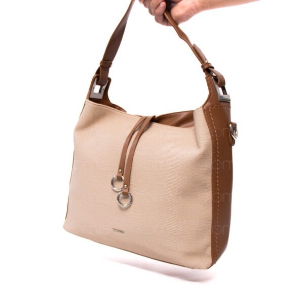 Grand sac bandoulière" BAGCO " en tissus finitions cuir - Beige / Finitions Marron – Image 2