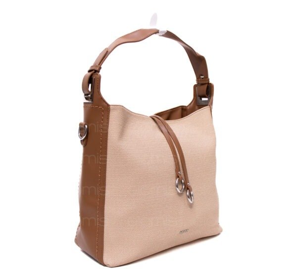 Grand sac bandoulière" BAGCO " en tissus finitions cuir - Beige / Finitions Marron – Image 3