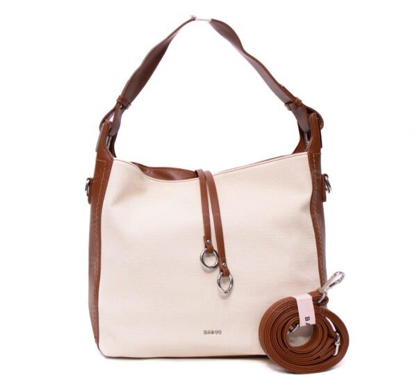 Grand sac bandoulière" BAGCO " en tissus finitions cuir - Blanc cassé / finitions Marron