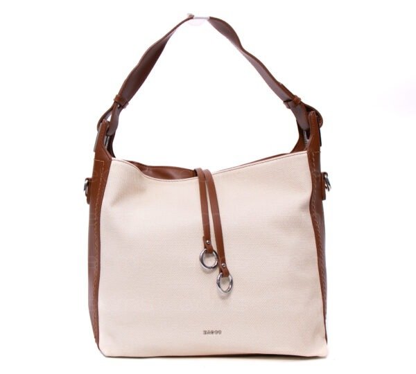 Grand sac bandoulière" BAGCO " en tissus finitions cuir - Blanc cassé / finitions Marron – Image 5