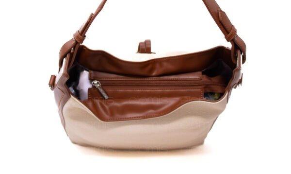 Grand sac bandoulière" BAGCO " en tissus finitions cuir - Blanc cassé / finitions Marron – Image 8
