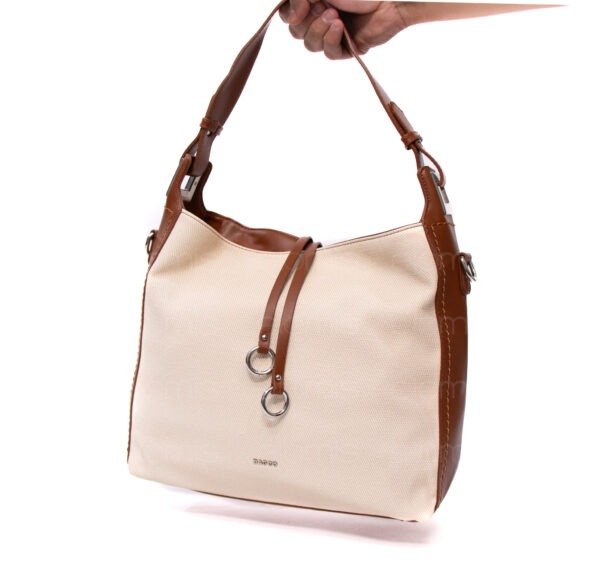 Grand sac bandoulière" BAGCO " en tissus finitions cuir - Blanc cassé / finitions Marron – Image 3