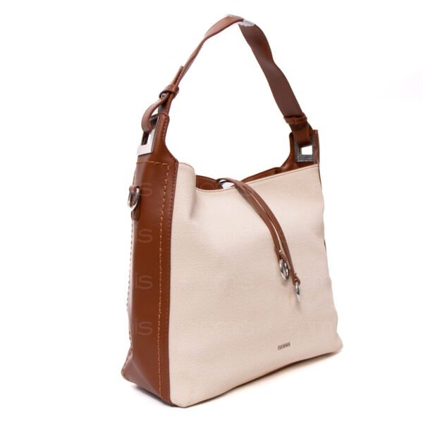 Grand sac bandoulière" BAGCO " en tissus finitions cuir - Blanc cassé / finitions Marron – Image 2