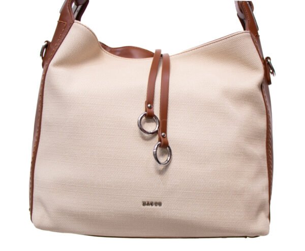 Grand sac bandoulière" BAGCO " en tissus finitions cuir - Blanc cassé / finitions Marron – Image 9