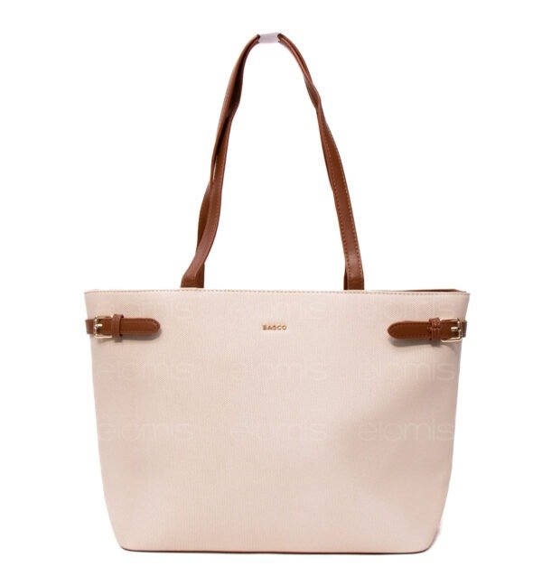 Grand sac porté épaule " BAGCO " - Blanc cassé / Finitions Marron