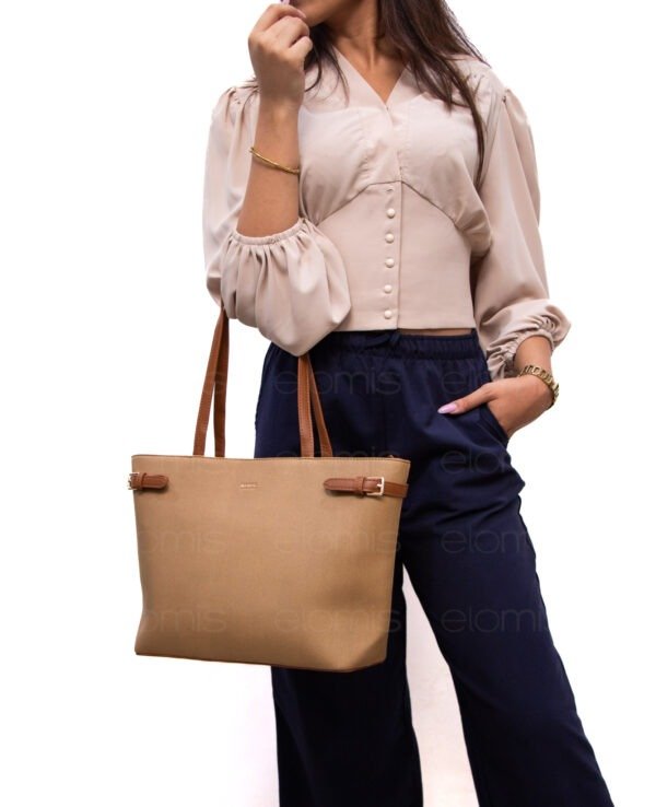 Grand sac porté épaule " BAGCO " - Taupe / Finitions Marron