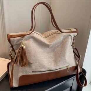 Sac à main / fourre tout en tissus " Fashion Bag " - beige / Finitions marron