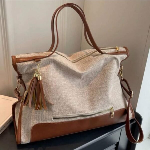 Sac à main / fourre tout en tissus " Fashion Bag " - beige / Finitions marron