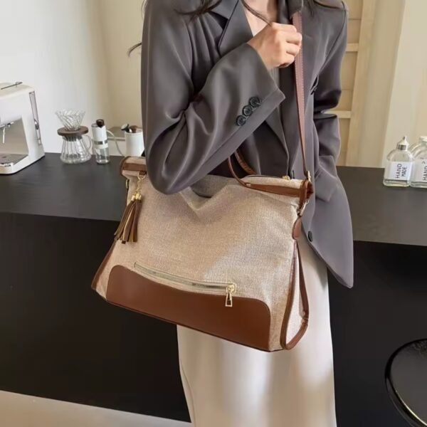 Sac à main / fourre tout en tissus " Fashion Bag " - beige / Finitions marron – Image 2