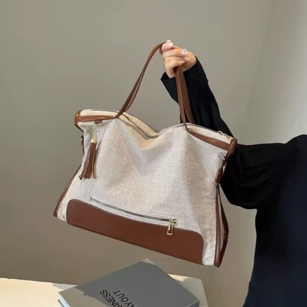 Sac à main / fourre tout en tissus " Fashion Bag " - beige / Finitions marron – Image 4