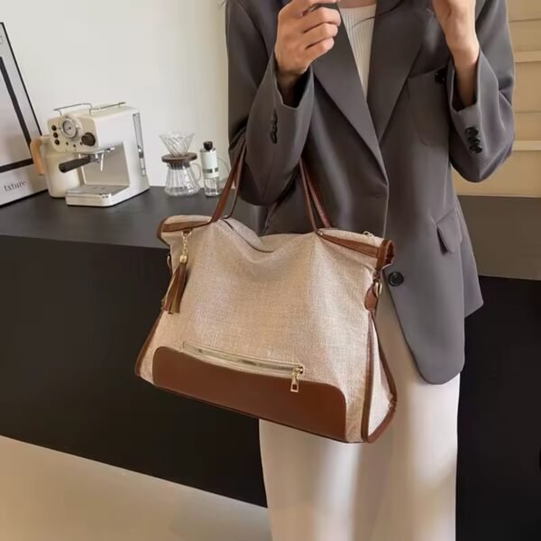 Sac à main / fourre tout en tissus " Fashion Bag " - beige / Finitions marron – Image 3