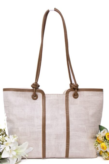 Sac porté épaule " Fashion Bag " cuir synthétique -Blanc cassé / Finitions marron