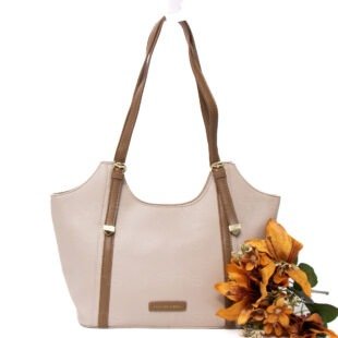 Sac porté épaule " Fashion Bag " cuir synthétique - Beige / Finitions marron