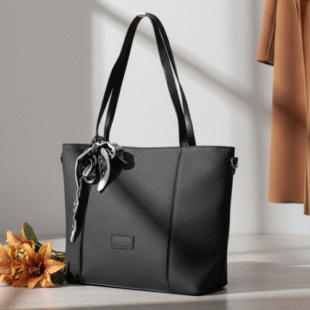 Sac à main / porté épaule " Fashion Bag " cuir synthétique effet tissu - Gris foncé / Noir