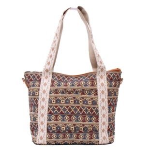 Sac à main " Aurora " en tissus avec motifs - Nuances de marron / rouge