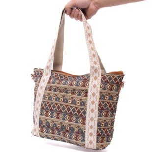 Alternative view of Sac à main " Aurora " en tissus avec motifs - Nuances de marron / rouge