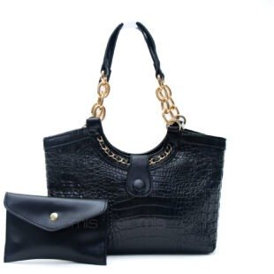 petit sac à main effet Cr,;oco avec chaine décorative + porte monnaie  - Noir