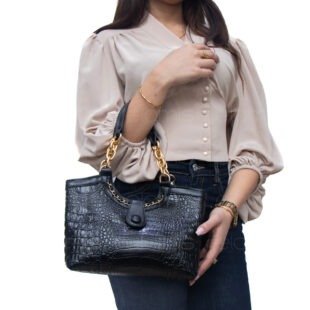 Alternative view of petit sac à main effet Cr,;oco avec chaine décorative + porte monnaie  - Noir