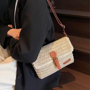 Alternative view of Sac bandoulière rectangulaire effet Raphia  - Beige / Finitions Marron