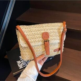 Sac bandoulière rectangulaire effet Raphia  - Beige / Finitions Marron