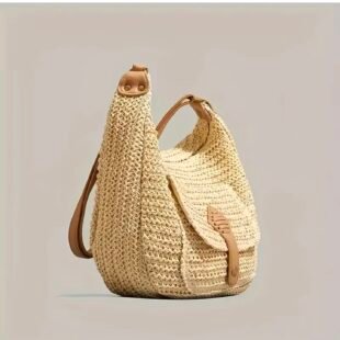 Alternative view of Sac bandoulière en coton crocheté avec poche avant - Beige clair / Finitions Marron