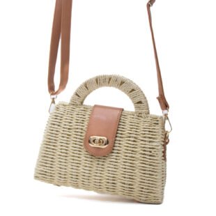 Petit sac à main avec boucle effet raphia souple - Beige clair / Finitions marron