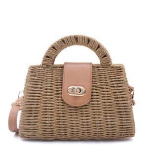 Petit sac à main avec boucle effet raphia souple - Taupe / Finitions marron