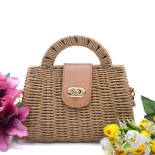 Alternative view of Petit sac à main avec boucle effet raphia souple - Taupe / Finitions marron