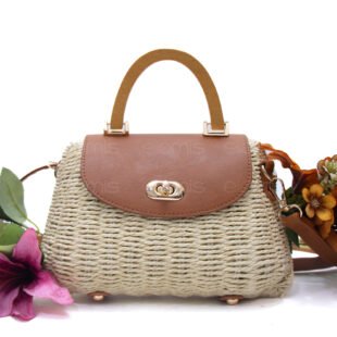 Petit Sac à main Trapèze Tressé avec Poignée en bois - Beige clair / finitions marron