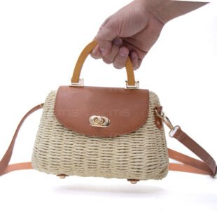 Alternative view of Petit Sac à main Trapèze Tressé avec Poignée en bois - Beige clair / finitions marron