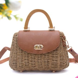 Petit Sac à main Trapèze Tressé avec Poignée en bois - Taupe / finitions marron