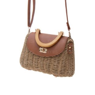 Alternative view of Petit Sac à main Trapèze Tressé avec Poignée en bois - Taupe / finitions marron