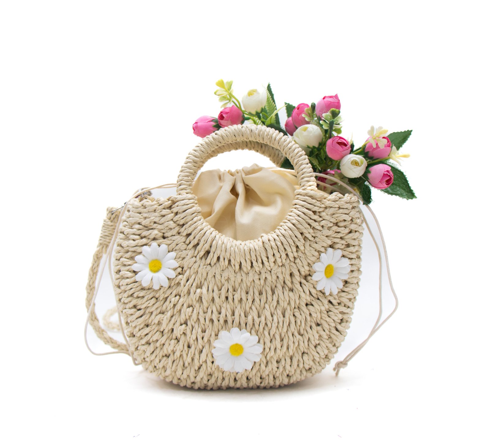 Petit sac bandoulière effet liège arrondi avec fleurs jaunes - Beige