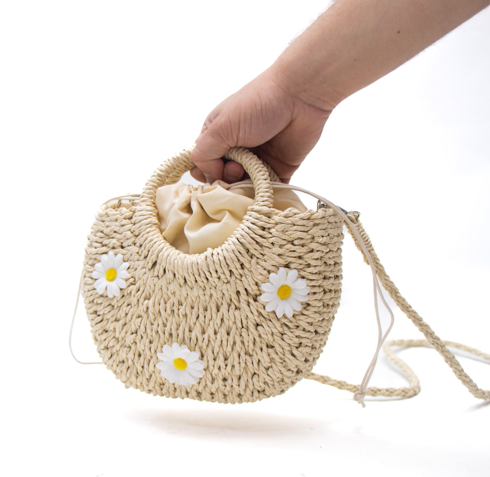 Petit sac bandoulière effet liège arrondi avec fleurs jaunes - Beige – Image 4