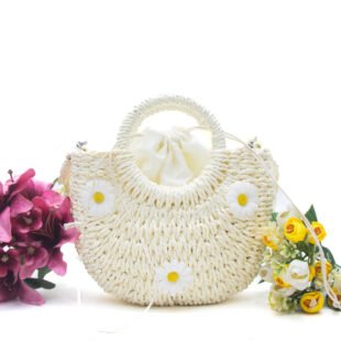 Petit sac bandoulière effet liège arrondi avec fleurs jaunes  - Blanc cassé