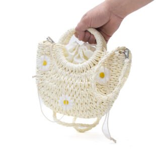 Alternative view of Petit sac bandoulière effet liège arrondi avec fleurs jaunes  - Blanc cassé