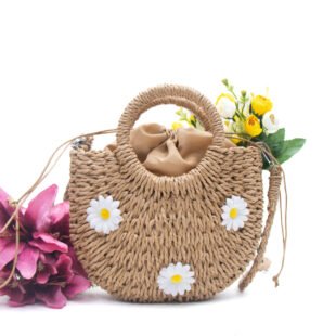 Petit sac bandoulière effet liège arrondi avec fleurs jaunes  - Taupe