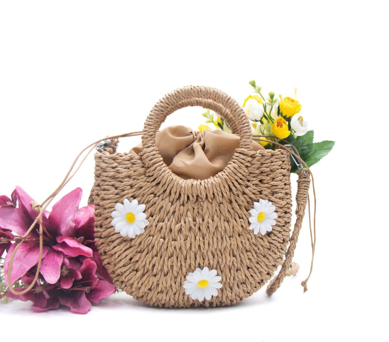 Petit sac bandoulière effet liège arrondi avec fleurs jaunes - Taupe