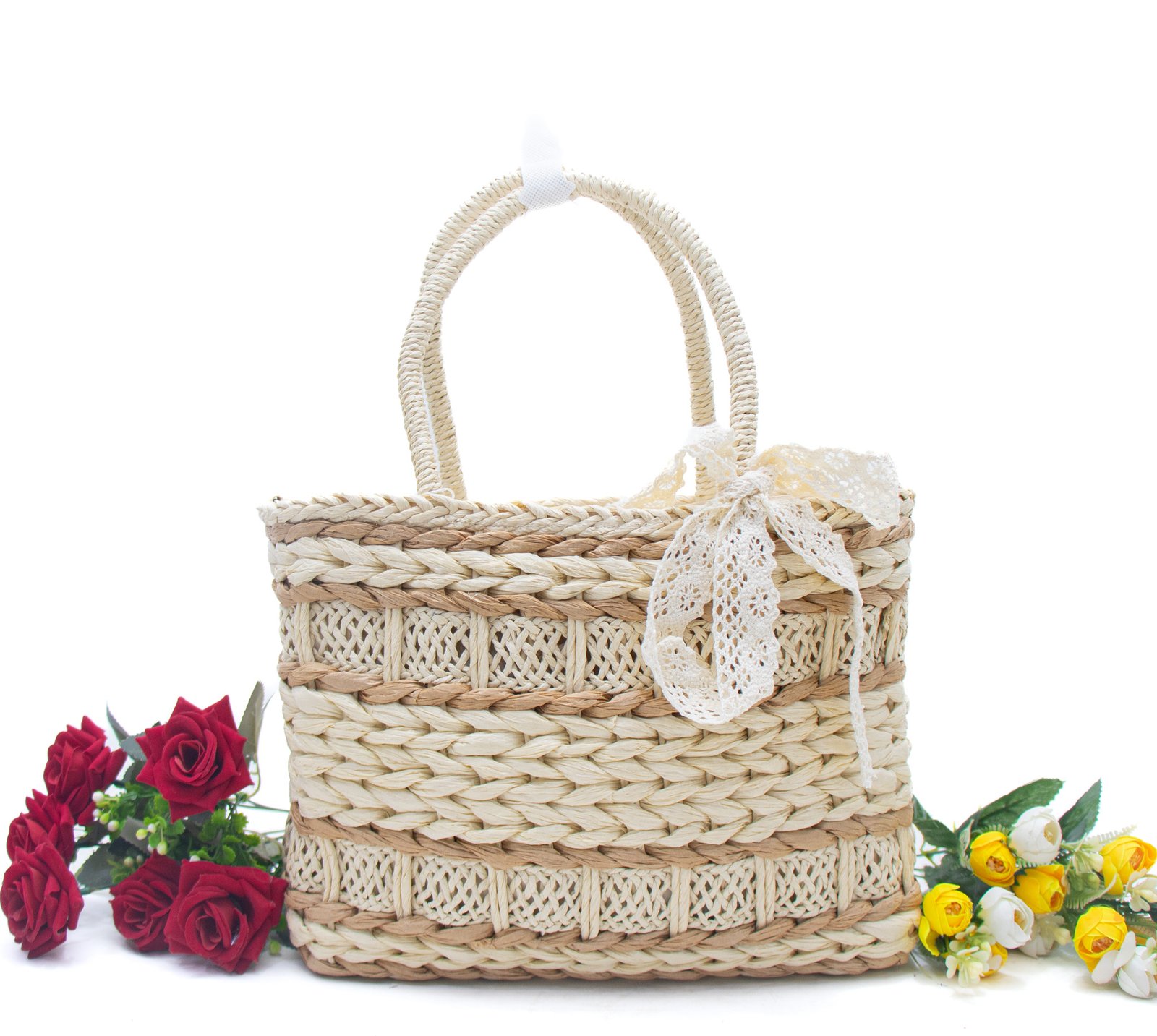 Sac à main effet liège avec foulard en dentèle - Beige