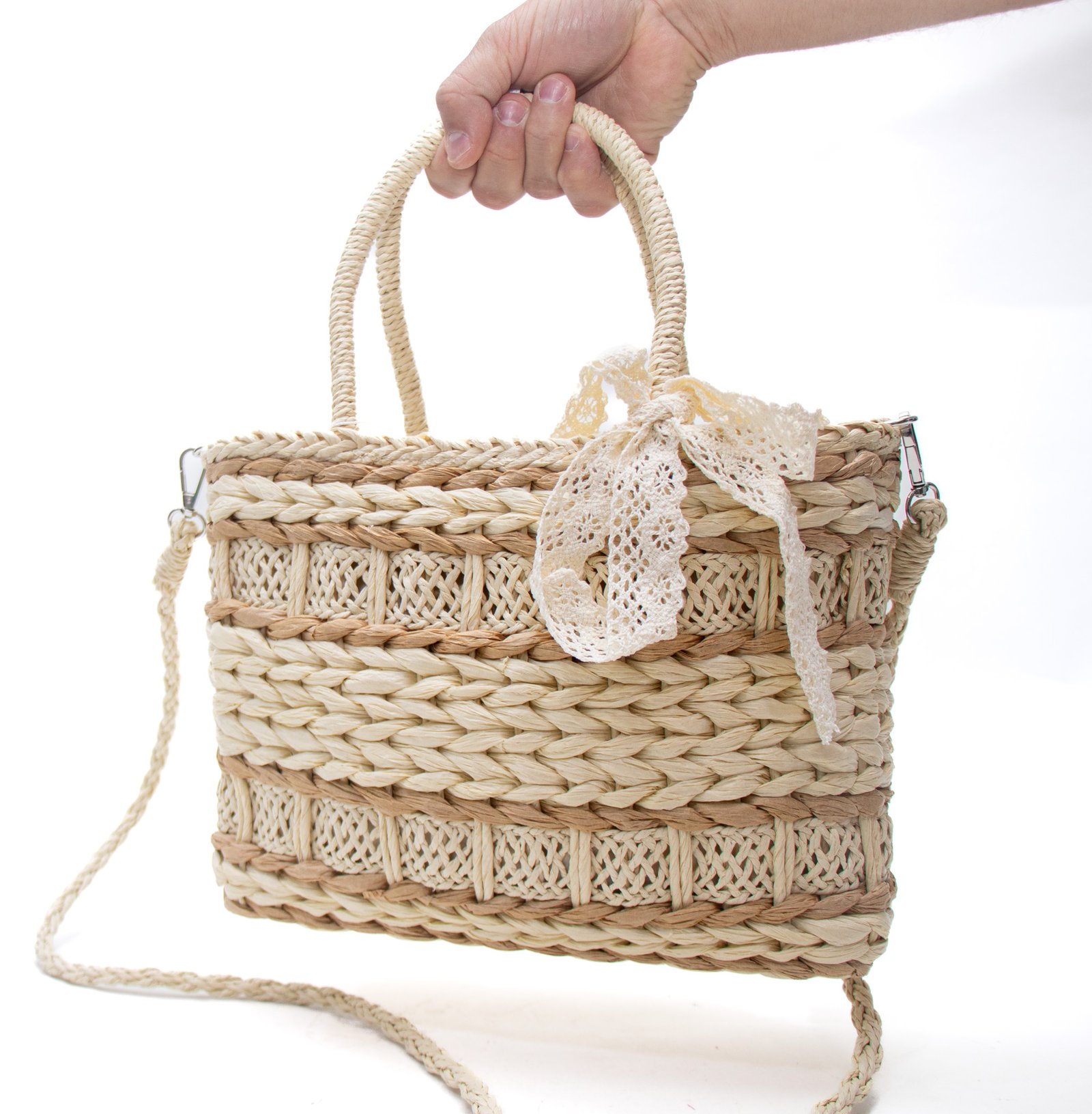 Sac à main effet liège avec foulard en dentèle - Beige – Image 3