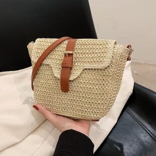 Petit sac bandoulière effet Raphia avec boucle - Beige / Finitions marron