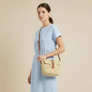 Alternative view of Petit sac bandoulière effet Raphia avec boucle - Beige / Finitions marron