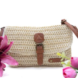 Sac bandoulière rectangulaire effet Raphia  - Beige / Finitions Marron